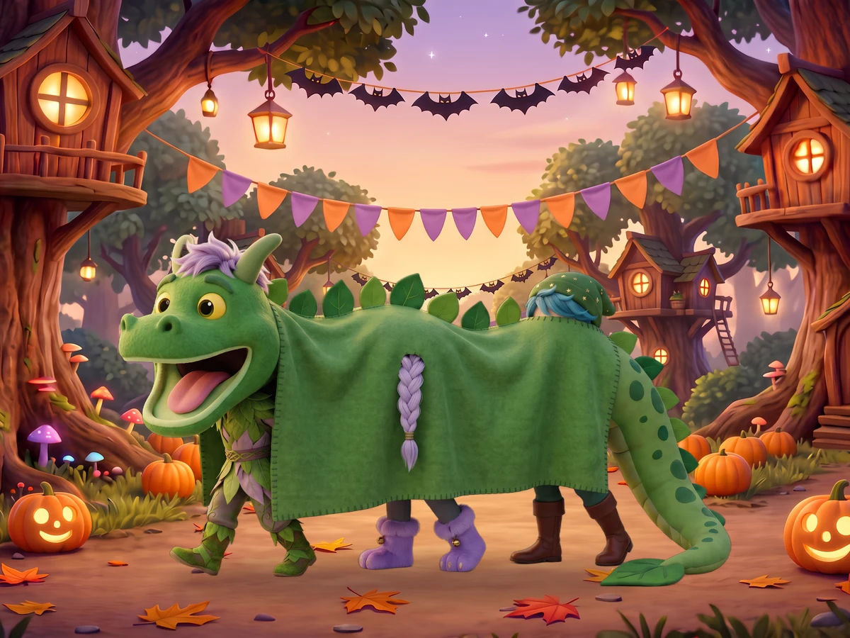 A green dragon costume with six legs walks along the village parade path in the early evening, past tree houses and smiling pumpkin lanterns.