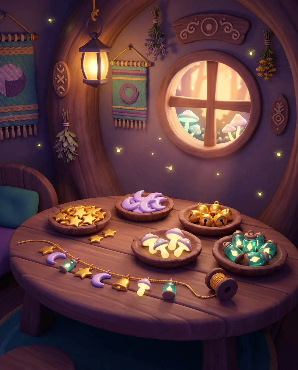 Melo's crafting table, with dishes of charms and a half-strung garland cord.