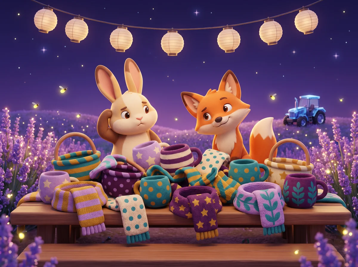 A wooden harvest table piled with mixed-up baskets, cups, and scarves, with two curious friends peeking at the muddle