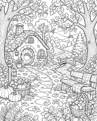 A black-and-white oak tree house with a bridge, a stream, flowers, and ten hidden acorns