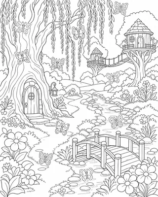 A black-and-white willow garden with tree houses, flowers, a bridge, a stream, and ten hidden butterflies