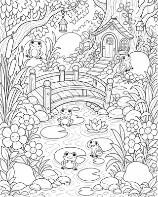A black-and-white tree house garden with a bridge, a stream, flowers, mushrooms, and five hidden frogs