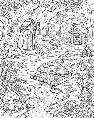A black-and-white tree house garden with a well, a stream, a log, mushrooms, and ten hidden snails