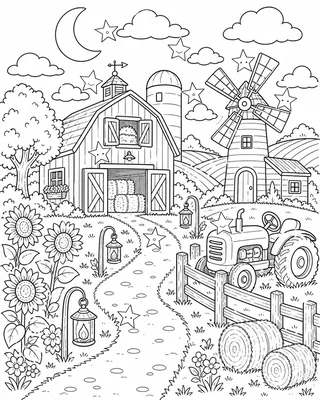 A black-and-white farm with a windmill, a barn, a tractor, flowers, and ten hidden stars