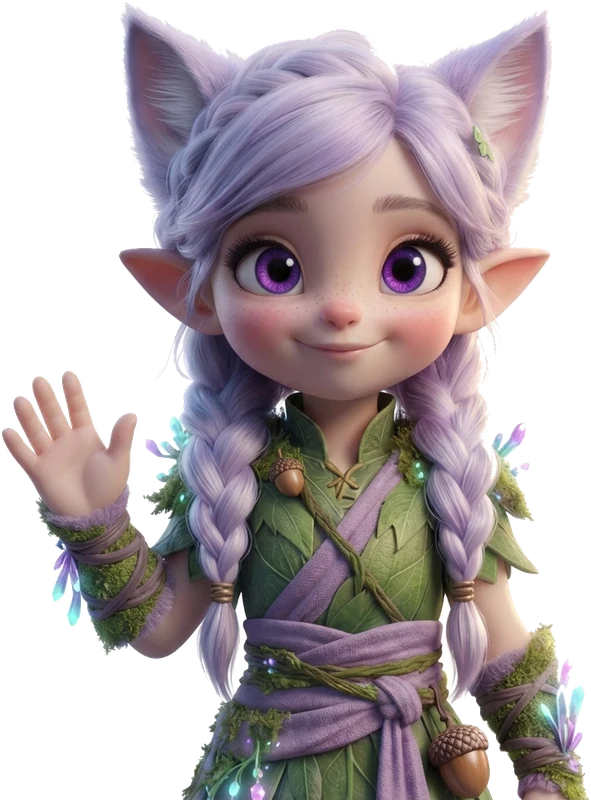 Miri, the elfcat girl of Kittelfdora, with bright violet eyes and lilac braids, smiling in welcome