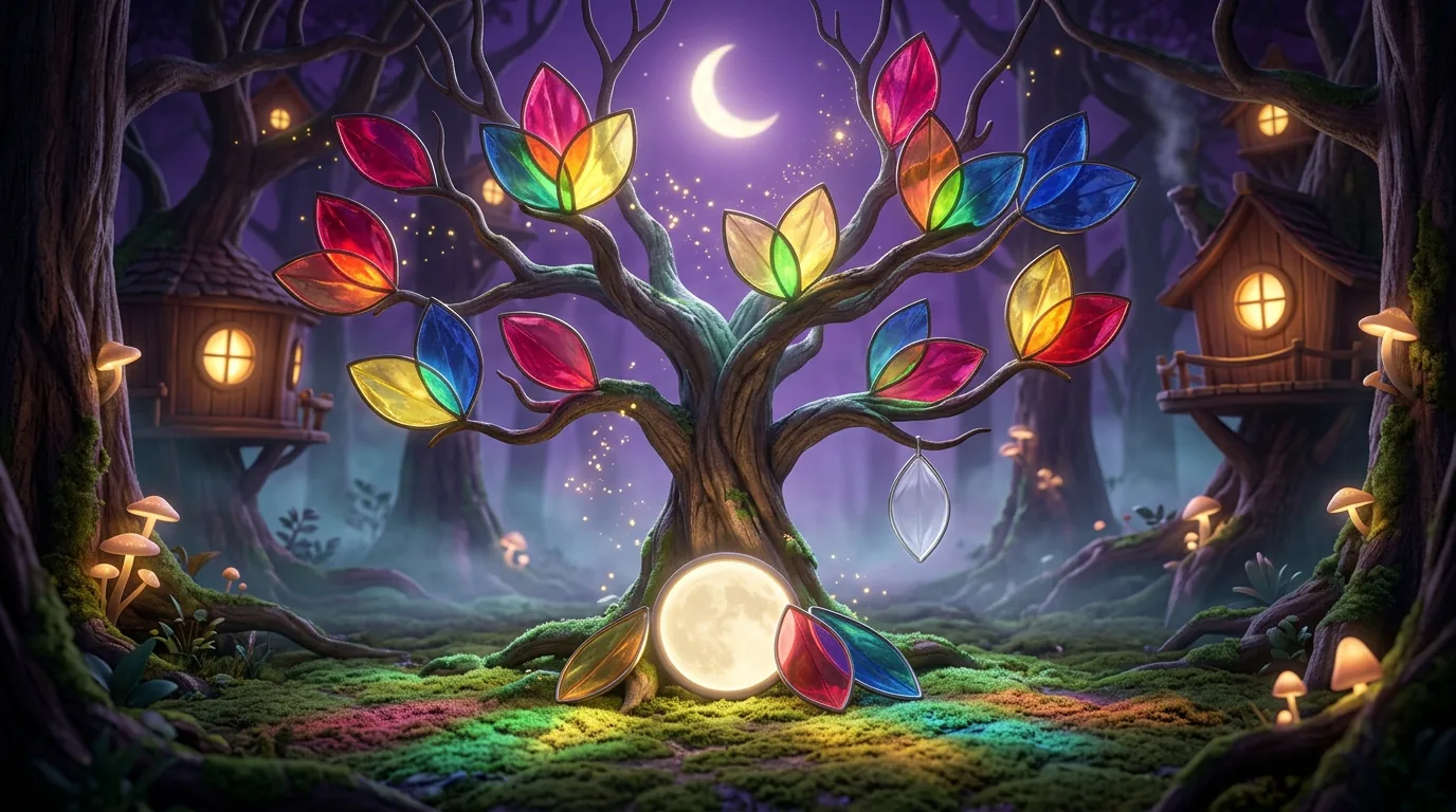 Glass petals in pink, red, yellow, blue and green glowing on a night forest tree, a round white moon resting at its roots and a crescent moon in the purple sky behind