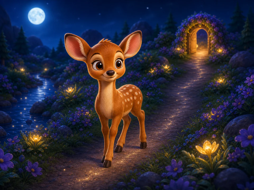 Dewdrop the fawn following moonbeams toward a glowing flower gate.