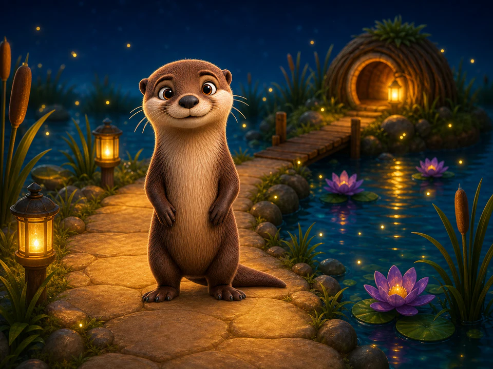 Ripple the otter following lantern reflections toward her cozy reed home.