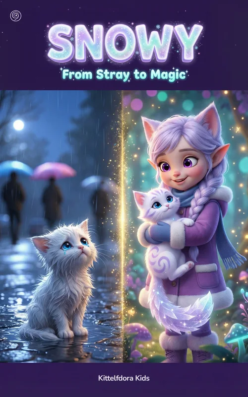 Snowy: From Stray to Magic book cover. Miri holds Snowy the white kitten while a small stray kitten watches in the rain.