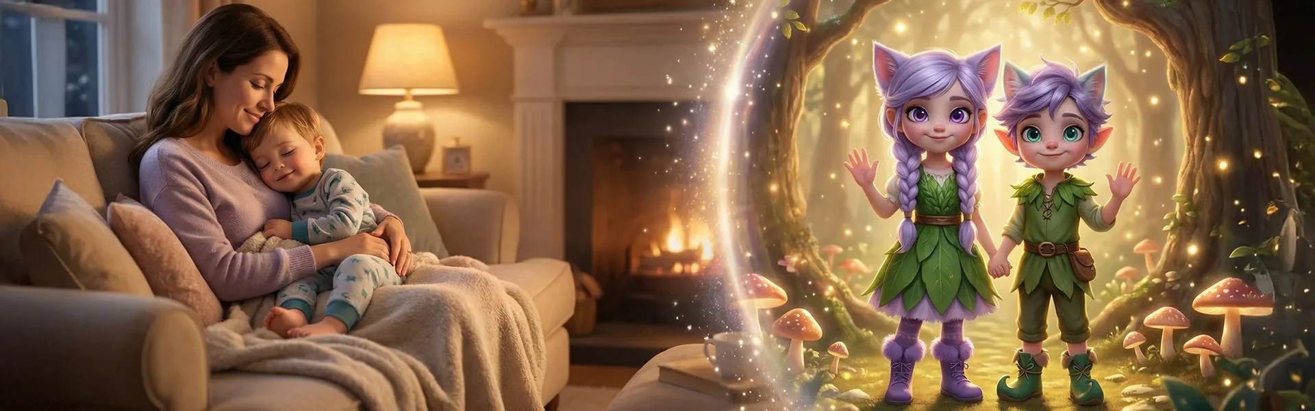A mom cuddles her sleepy child in a cozy armchair while Miri and Ori wave from the magical forest.