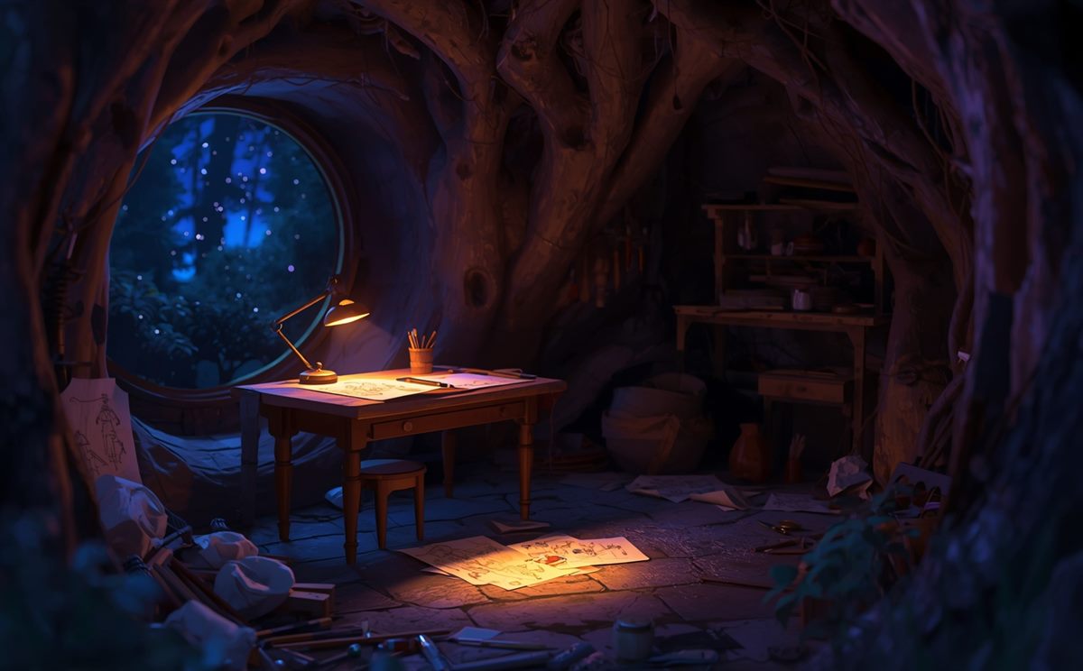 A quiet workshop inside a hollow tree at night, one desk lamp lit over hand-drawn sketches, discarded drawings on the floor.