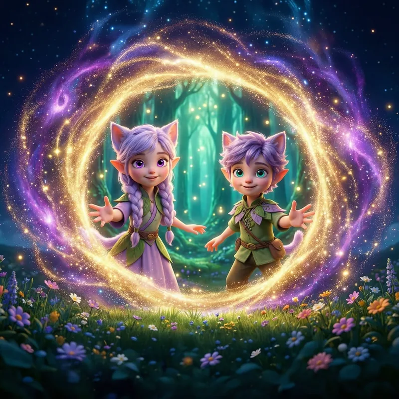 A huge ring of gold and violet stardust turning in a starry night sky, with a glowing green forest showing through it. In front of the ring stand Miri, with lilac braids and violet eyes, and Ori, with messy lilac hair and turquoise eyes, both with their arms open, above a meadow full of colourful flowers.