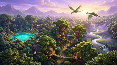 A wide green valley at sunrise seen from above, a river winding through it, a turquoise lake and two gentle dragons gliding over the treetops.