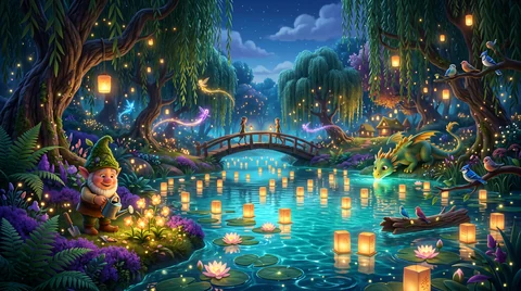 Lantern Lake at night: dozens of floating paper lanterns glowing on still turquoise water, a wooden footbridge, water lilies, and a gnome watching from the shore.
