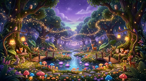 A forest path lined with hanging lanterns and glowing mushrooms, leading over a small bridge deeper into the violet evening trees.