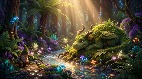 A gentle green moss dragon resting beside a glowing brook in the forest, with a small gnome nearby and blue glowing mushrooms along the water.