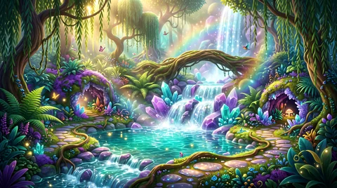 A turquoise waterfall tumbling over mossy rocks with a rainbow arching above it, crystals and glowing flowers along the pool below.
