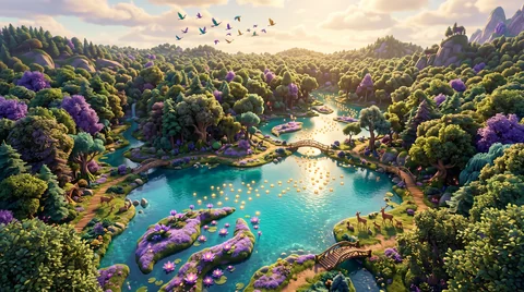A bright daytime view over the Kittelfdora valley: a clear river curving between round green trees, a stone bridge and a still blue lake.