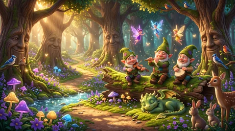 Gnomes walking along a mossy path between giant trees with kind smiling faces in their bark, fireflies and blue mushrooms all around them.