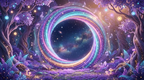 The stardust portal: a great ring of turning pink and turquoise light opening onto a starry sky, framed by glowing trees and violet flowers.