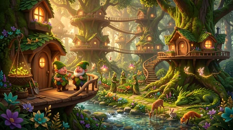 Two gnomes on the wooden doorstep of a treehouse with a lit window, a spiral stair climbing the trunk behind them and a deer drinking from the stream below.