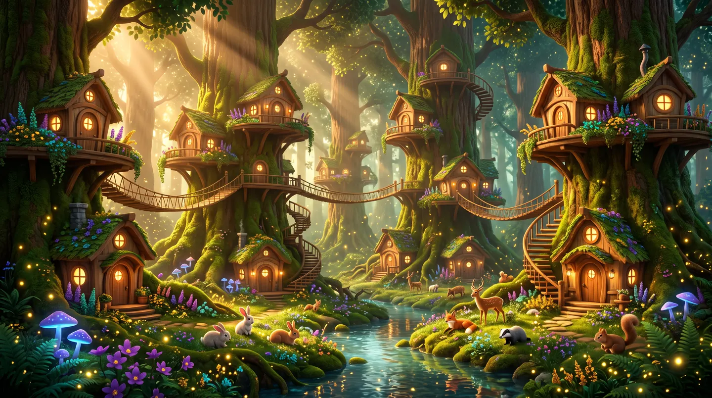 Kittelfdora village at dusk: wooden houses with round glowing windows built into giant mossy trees, rope bridges strung between them, a bright turquoise brook winding underneath with a little wooden bridge over it, and glowing mushrooms lighting the banks.