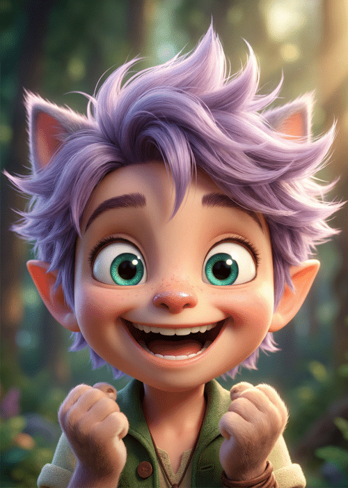Ori, an excited elfcat boy with messy purple hair and teal eyes