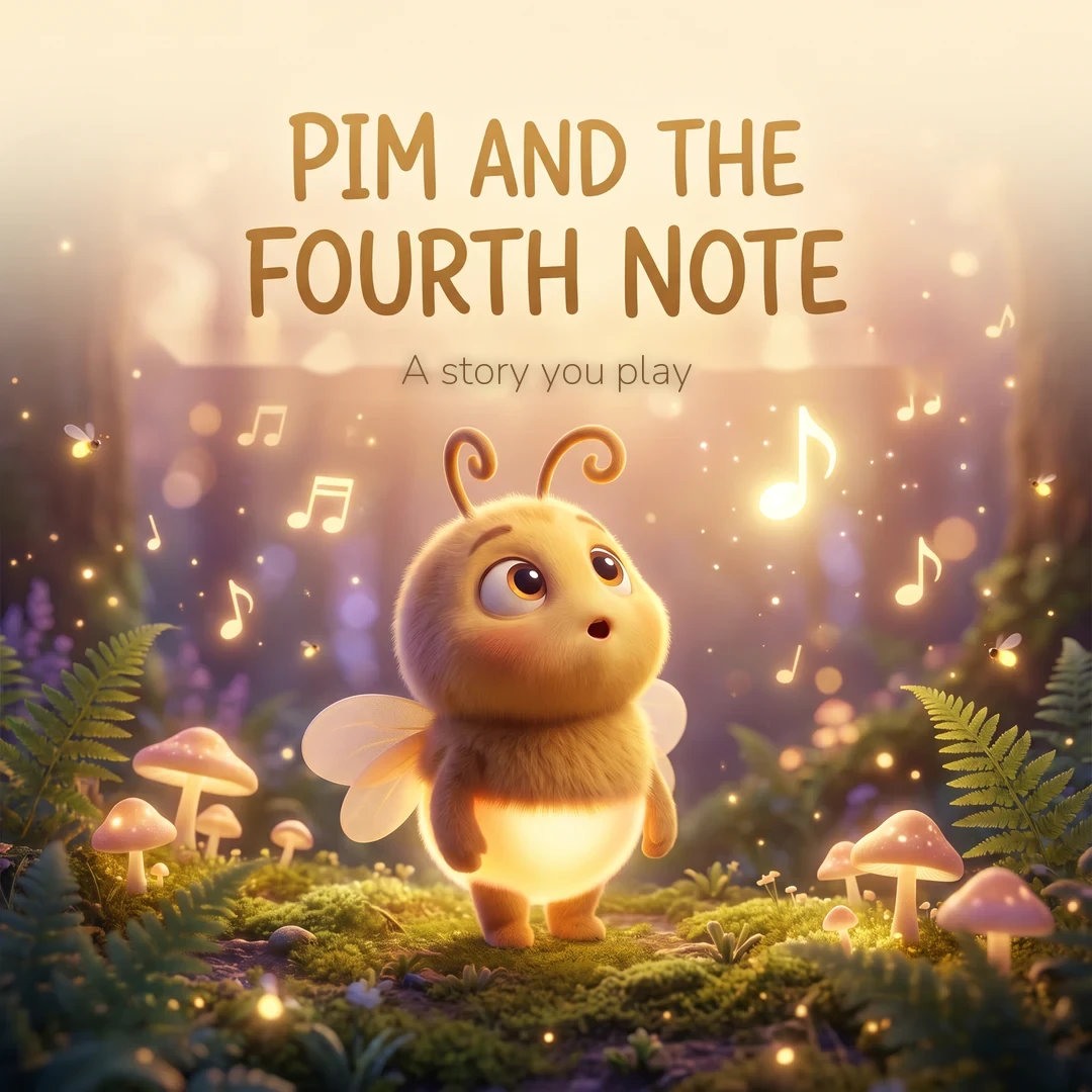 Pim the firefly singing in the twilight meadow, glowing warm gold