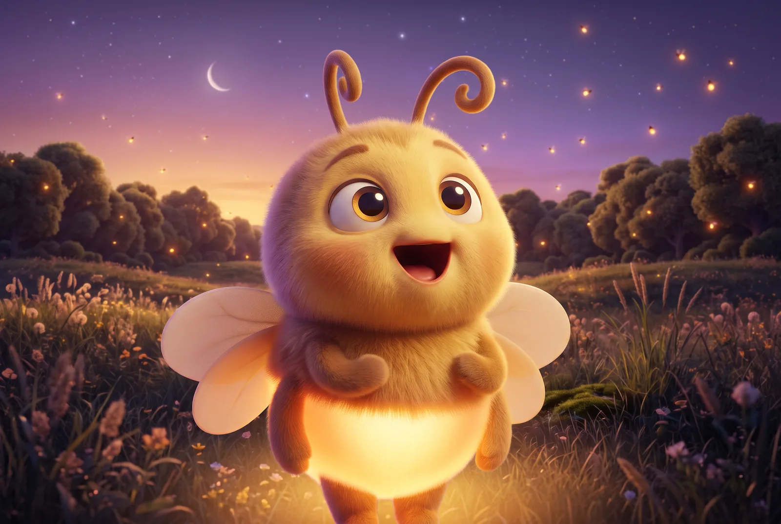 Pim the firefly singing in the twilight meadow, glowing warm gold
