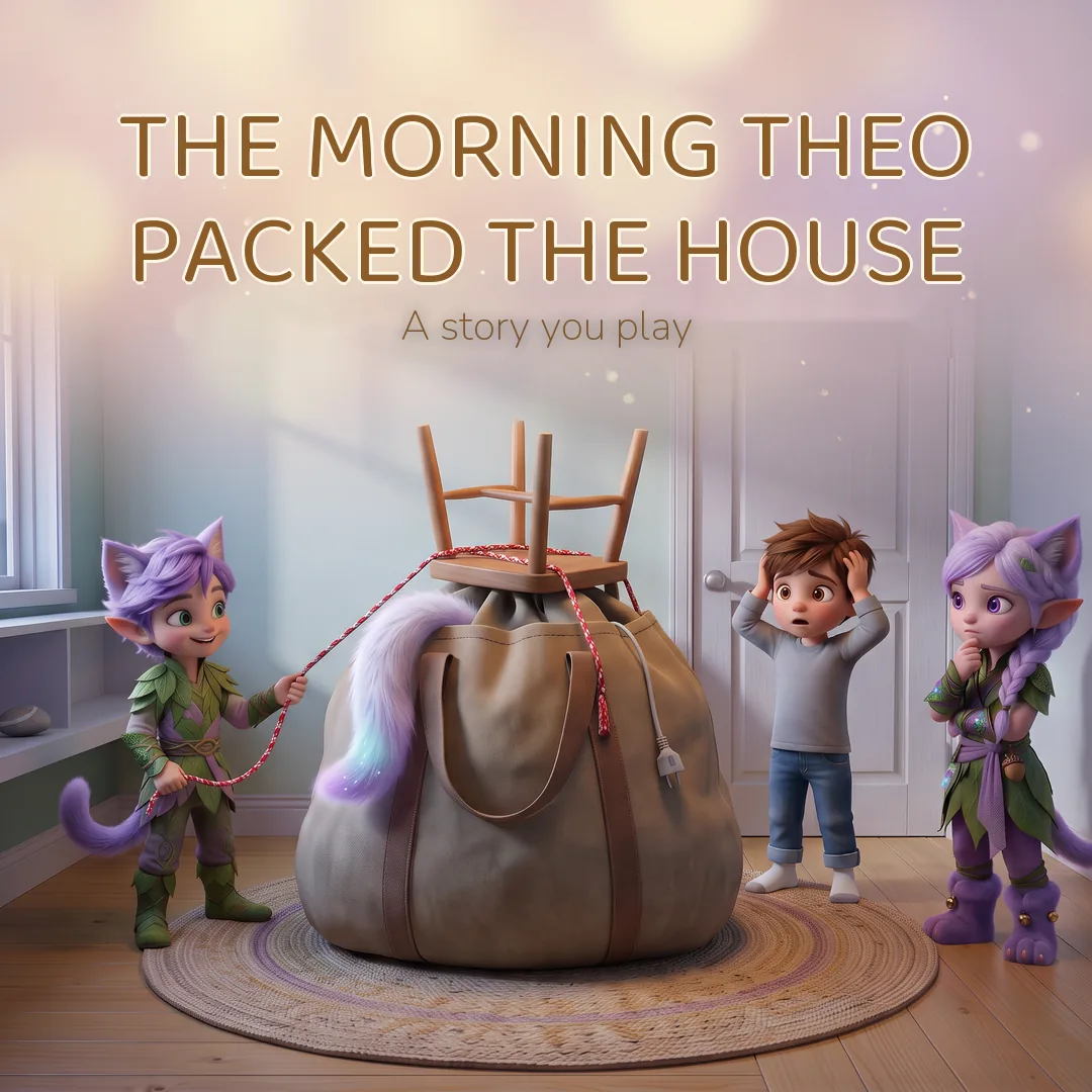 Theo, Miri and Ori around an enormous bag with a chair roped on top, in front of a bedroom door that is too small for it