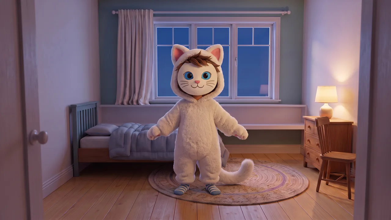 Theo stands on the rug in his bedroom in a white fluffy cat costume: a hood with two soft cat ears, a long fluffy tail, and a friendly painted cat mask with big blue eyes and a small smile. His blue-and-white stripy socks peek out at his feet.