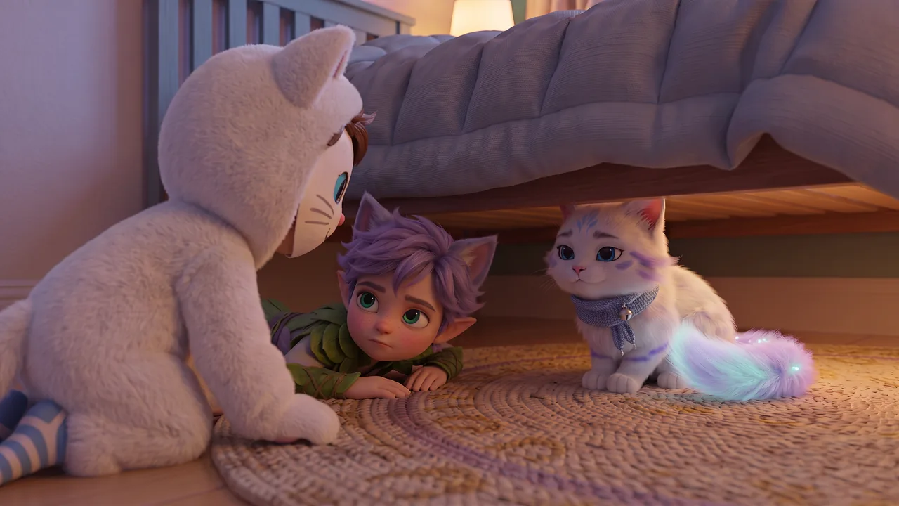 Close at floor level, seen over Theo's shoulder: Theo in the cat costume kneels right by the bed with his masked face at the gap. Ori lies flat beside him with a straight face, and just under the edge of the bed Snowy sits in the glow of her tail, not convinced.