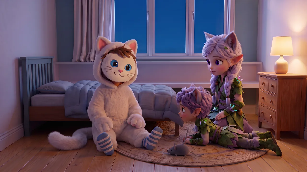 Theo sits on the rug just out from under the bed, the painted mask a little crooked on his face and the costume tail flopped beside him. Ori lies on his tummy by the gap under the bed, and Miri sits beside them, turning to Ori. The toy mouse lies on the rug.