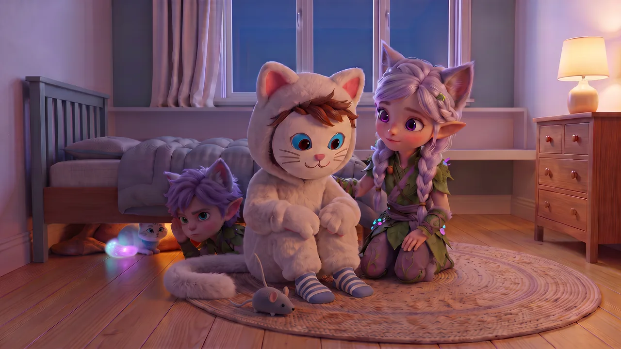 Theo sits on the rug with his hands resting on his knees. The mask's painted face still smiles, but his shoulders droop sadly. Miri sits beside him, looking at him kindly. Behind them Ori lies at the gap with a hand cupped round his ear, and under the bed Snowy sits in the glow of her tail. The toy mouse lies on the rug.