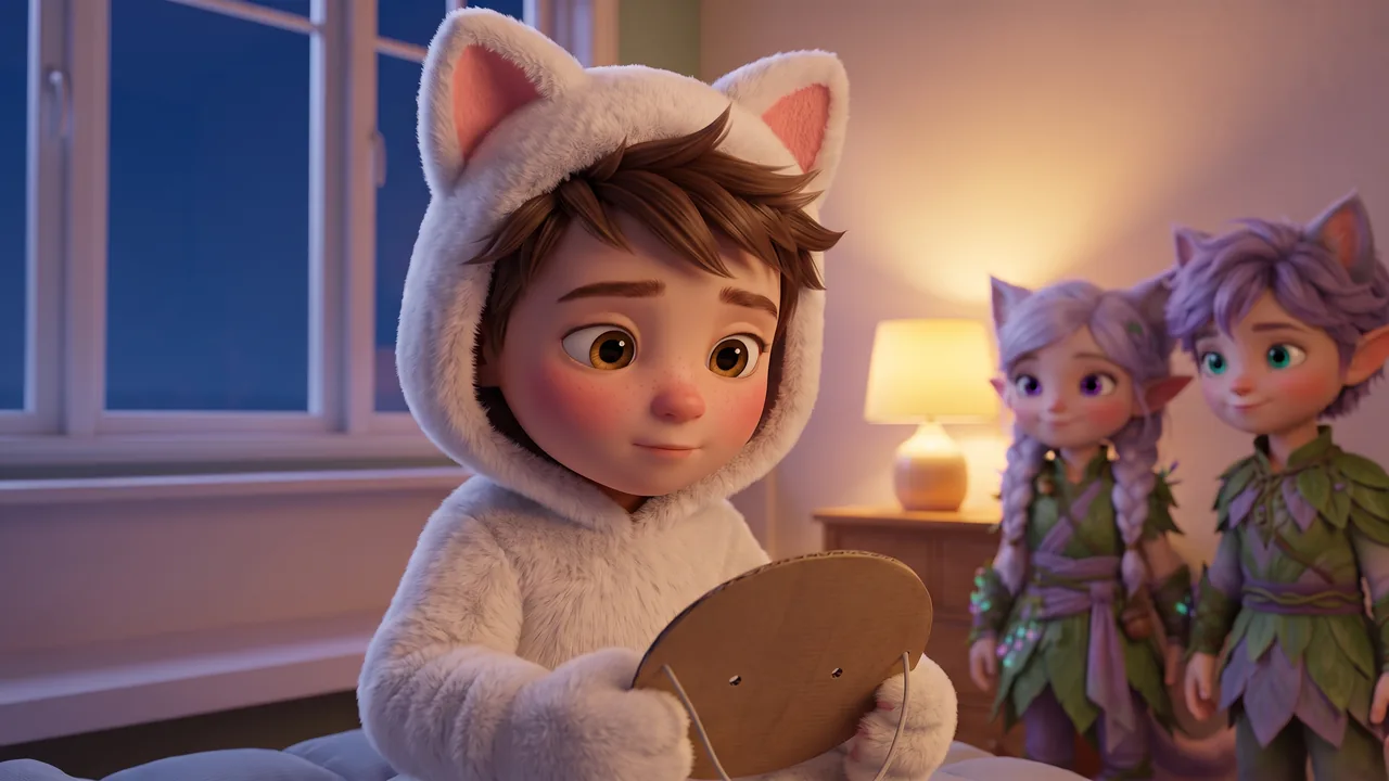 Close on Theo's own face, pink and a little squashed, with the costume hood still on his head. He has taken the mask off and holds it so that only its plain cardboard back shows. Miri and Ori watch softly in the background.