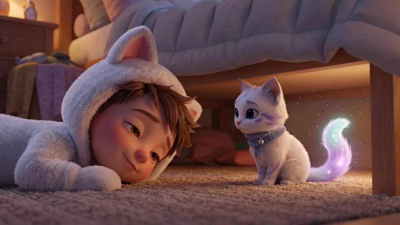 Very close at floor level: Theo's own face rests on the rug at the gap under the bed, his eyes half closed in a slow blink. Just inside the gap Snowy looks back at him, lit by the soft glow of her tail.