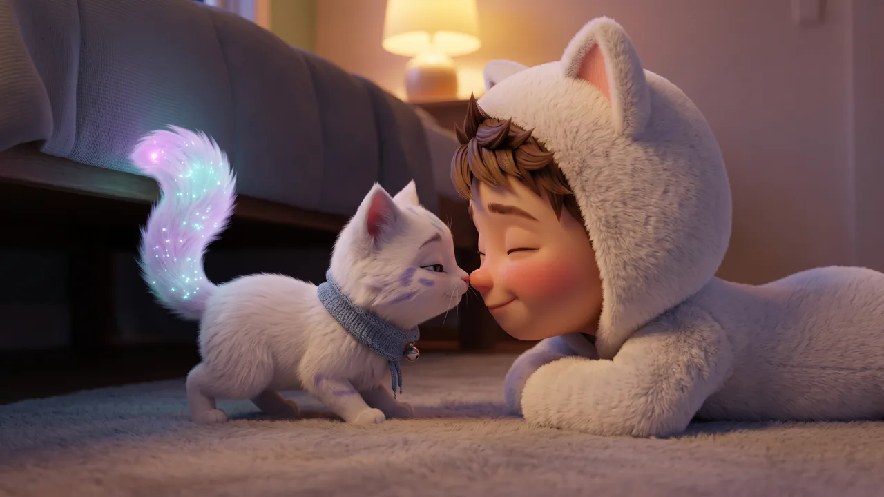 Snowy has come out from under the bed and touches her nose to Theo's nose. Her eyes are soft and her tail glows gently behind her, and Theo, lying on his tummy, smiles with his eyes shut.