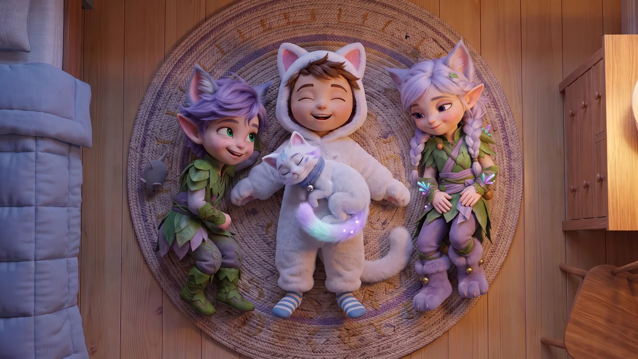Seen from above: Theo lies on his back on the round rug in the cat costume, laughing with his eyes shut, with Snowy curled up purring on his tummy. Ori lies beside them, smiling at Snowy, and Miri lies on the other side, smiling too. The toy mouse sits at the edge of the rug.