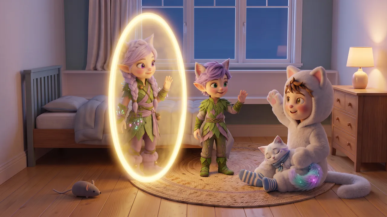 The golden oval of light stands open on the rug again. Miri is stepping into its soft light, waving goodbye, and Ori waves from its edge, while Theo, sitting on the rug in the cat costume with Snowy curled up asleep in his lap, waves back with one fluffy sleeve. The toy mouse lies on the floor by the bed.