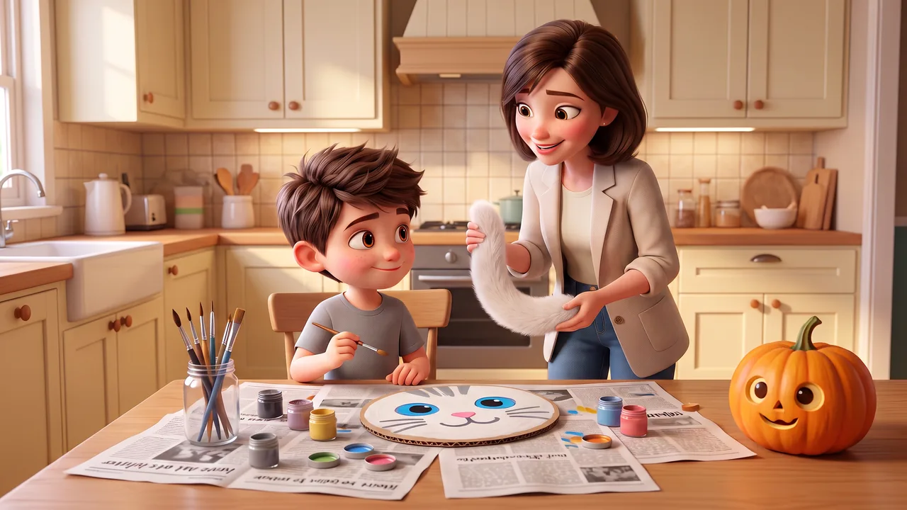 The kitchen in daylight. Theo sits at the table with a paintbrush, and the finished mask lies on newspaper among the paint pots: a white cat face with big blue eyes, a pink nose, whiskers and a smile. His mum, in a beige jacket, holds up the fluffy white tail she has made, and a small smiling pumpkin sits at the end of the table.