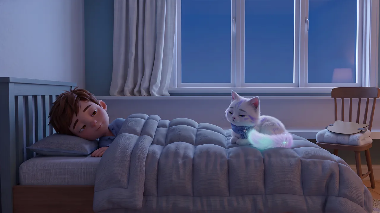 Moonlight fills the room and the lights are off. Theo, in pyjamas, is tucked up in bed and Snowy is curled on the quilt, the two of them in the middle of a slow, sleepy blink. On the wooden chair the costume lies folded, with the mask face down on top.