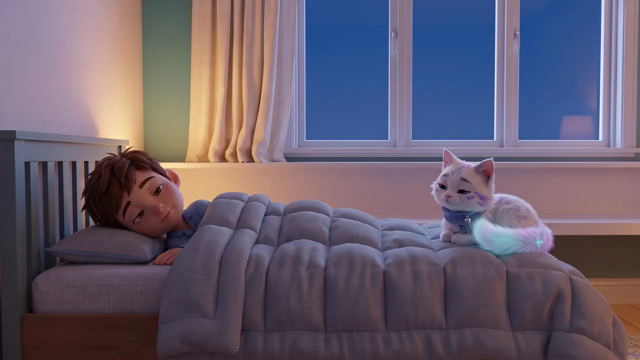 Night in Theo's bedroom. Theo, in blue pyjamas, lies in bed with his head on the pillow, and Snowy sits on the quilt near the foot of the bed. They are both in the middle of a slow, sleepy blink.