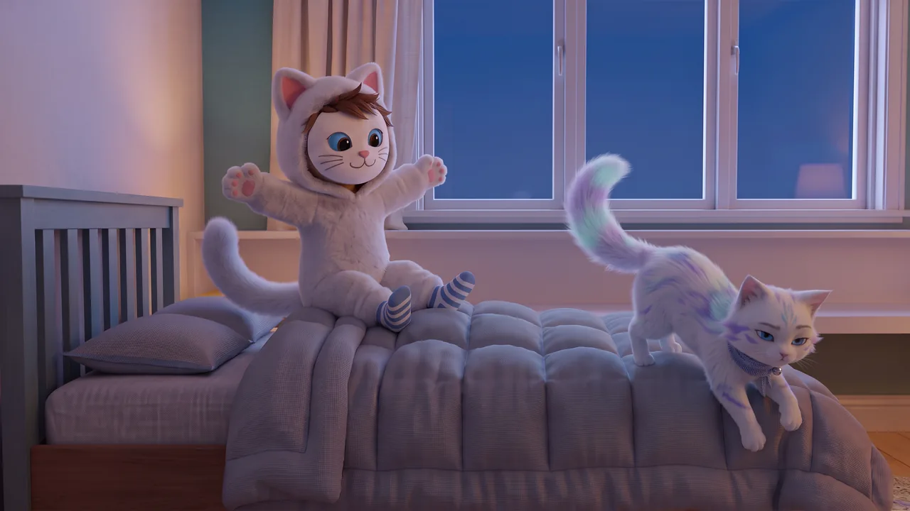 Theo, in the cat costume and mask, sits on the bed by his pillow with his arms flung wide. At the end of the bed Snowy steps down off the edge, looking our way, not impressed at all.