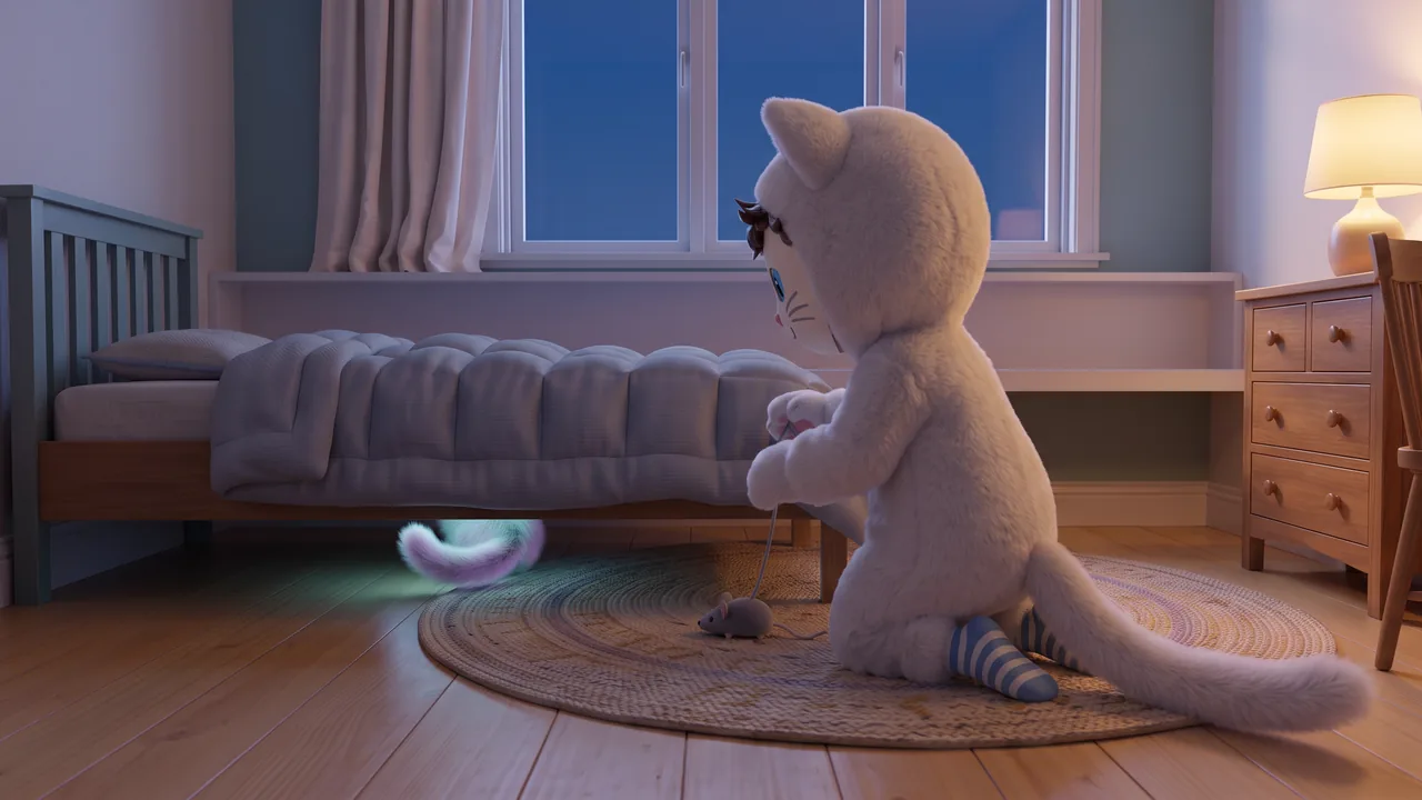 Seen from behind, Theo in the cat costume kneels by the bed, dangling a little grey toy mouse on a string by the gap underneath. Under the bed only the softly glowing tip of Snowy's tail shows.
