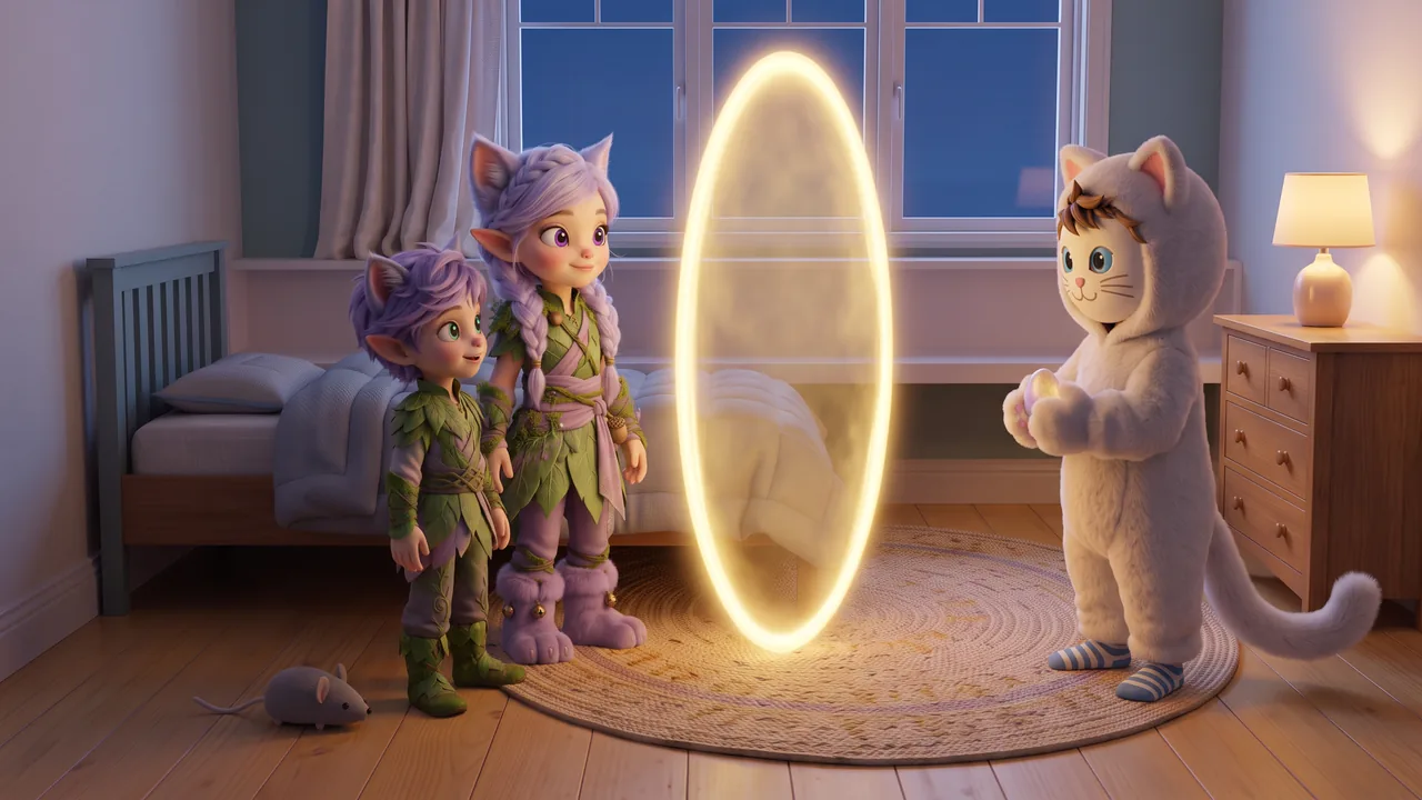 A tall oval of soft golden light stands in the middle of the bedroom rug, and Miri and Ori have just stepped out of it. Theo, in the cat costume and mask, holds his Glowtone in both hands, a smooth stone glowing gold and lilac. The toy mouse lies on the floor by the bed.