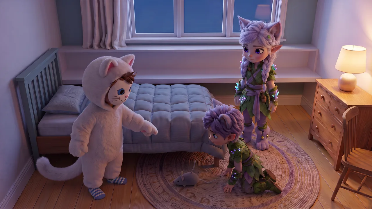 Miri stands looking at the empty foot of the bed, Theo in the cat costume points at the gap under the bed, and Ori drops to his knees, eager to look. The toy mouse lies on the rug.