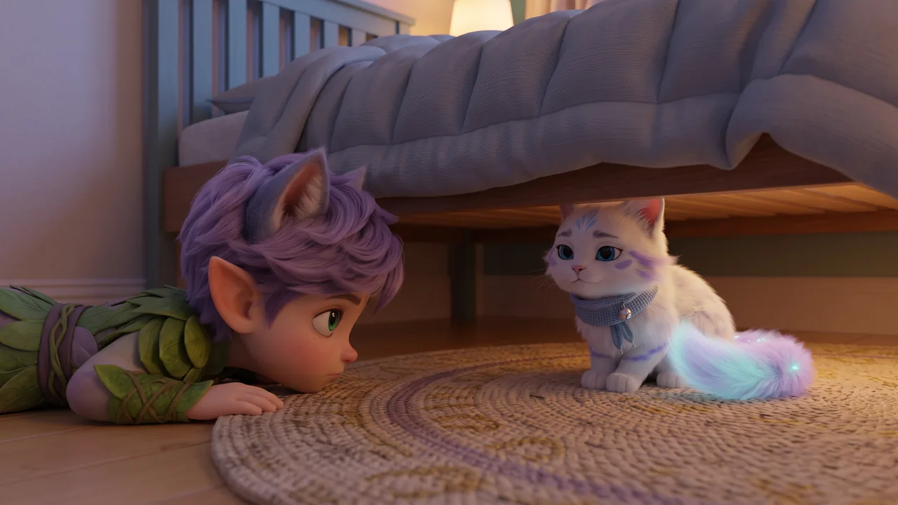 Down at floor level, Ori lies flat on the rug with his ear by the gap under the bed. Under the bed, lit by the soft glow of her own tail, Snowy sits neatly with her ears up, looking a little wary and a little unimpressed.