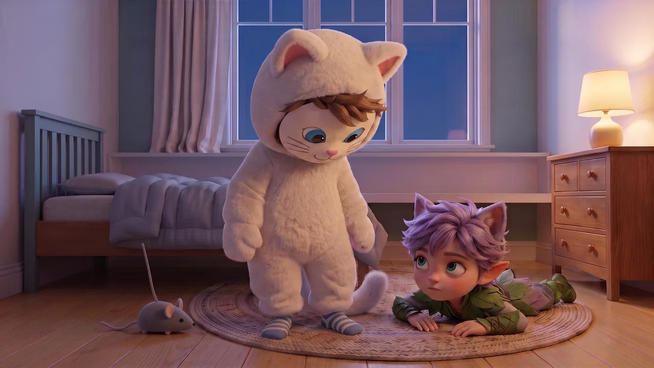 Theo, in the cat costume, bows his head to look down at his blue-and-white stripy socks, the mask pointing at his feet. Ori lies on the rug beside him, looking up. The toy mouse lies near the bed.