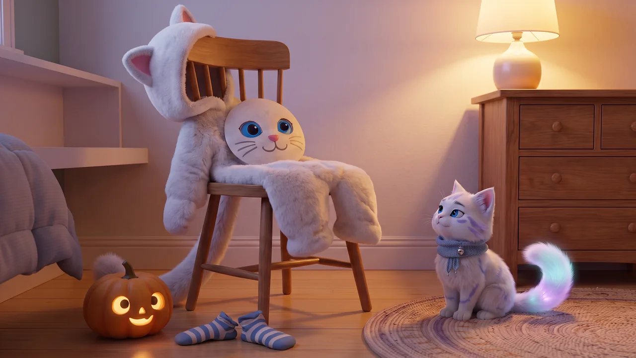 Theo's bedroom in warm lamplight. A white fluffy cat costume lies draped over a wooden chair, its hood with two soft cat ears hanging over the back and its long fluffy tail curling down to the floor. A friendly painted cat mask with big blue eyes and a small smile rests on the seat. A pair of blue-and-white stripy socks lies on the floor, a small smiling pumpkin lantern glows softly in the corner, and Snowy, a small white cat with a blue-grey scarf, sits on the rug looking up at the costume.