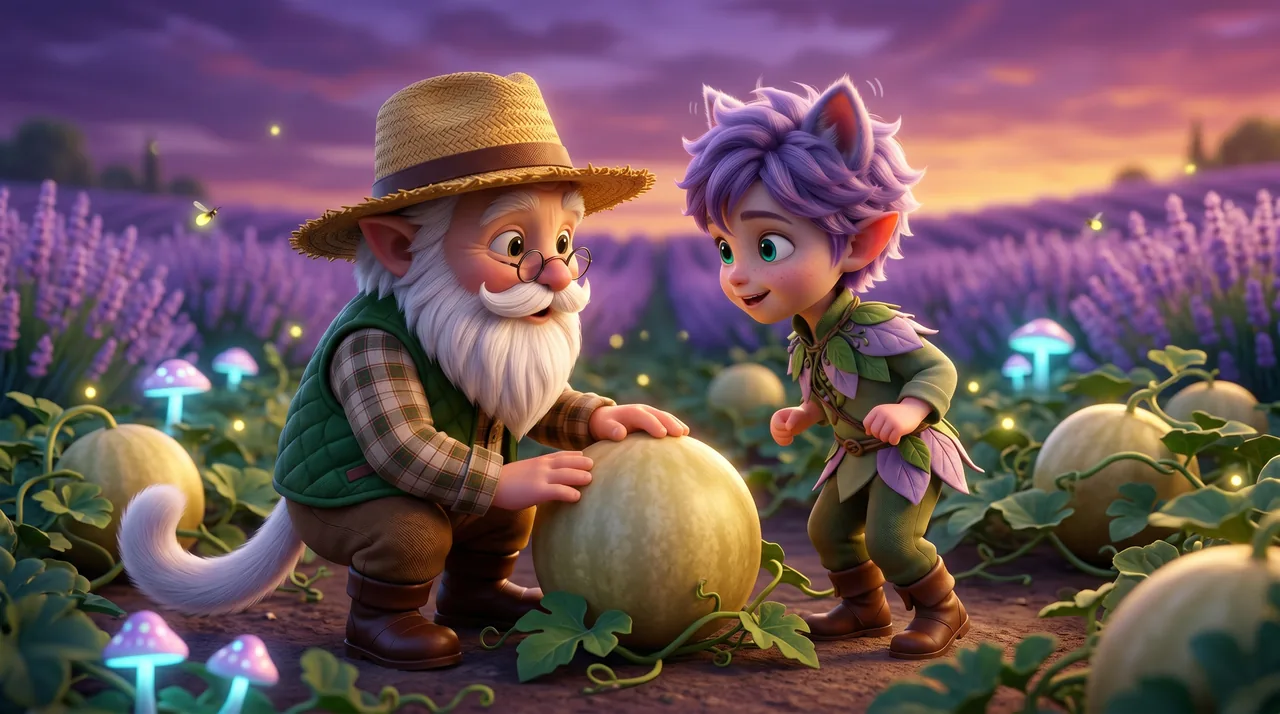 Grandpa Barnaby kneels low beside a big pale moonmelon on its vine and tells it good night. Ori leans in beside him, eager to start.